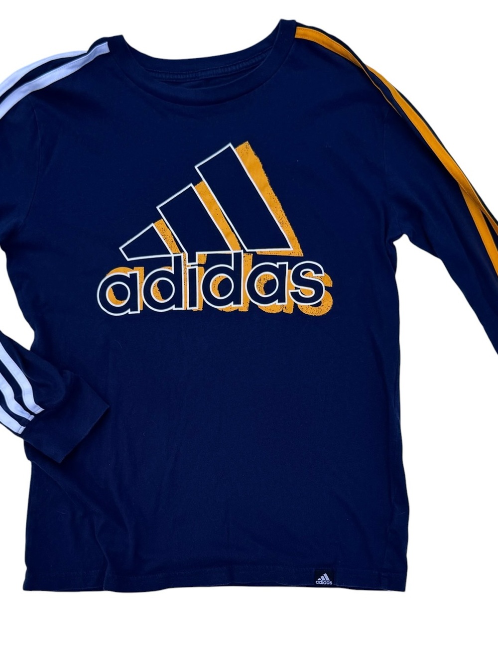 adidas Navy Long-Sleeve Logo Tee with Mustard and White Stripes Sz 10/12